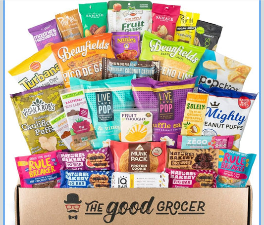 Healthy Deluxe Vegan Snacks Care Package: Delicious Vegan Jerky, Protein Bars, Cookies, Chips, Puffs, Fruit & Nuts, Healthy Gift Basket - includes 30 items