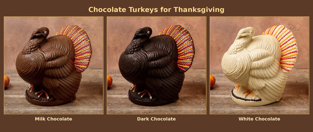 Three chocolate turkey centerpieces shown side by side on a wooden surface, labeled Milk Chocolate, Dark Chocolate, and White Chocolate, under the heading 'Chocolate Turkeys for Thanksgiving'.