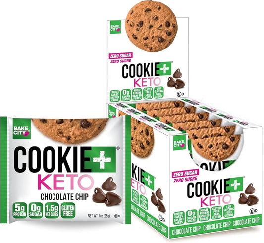 Bake City Cookie Plus Keto | Chocolate Chip Cookies - Gluten Free, Non-GMO, 0g Sugar, Only 1.5g Net Carbs, Good Fats, 5g Protein, Kosher, No Artificial Flavors - Pack of 12