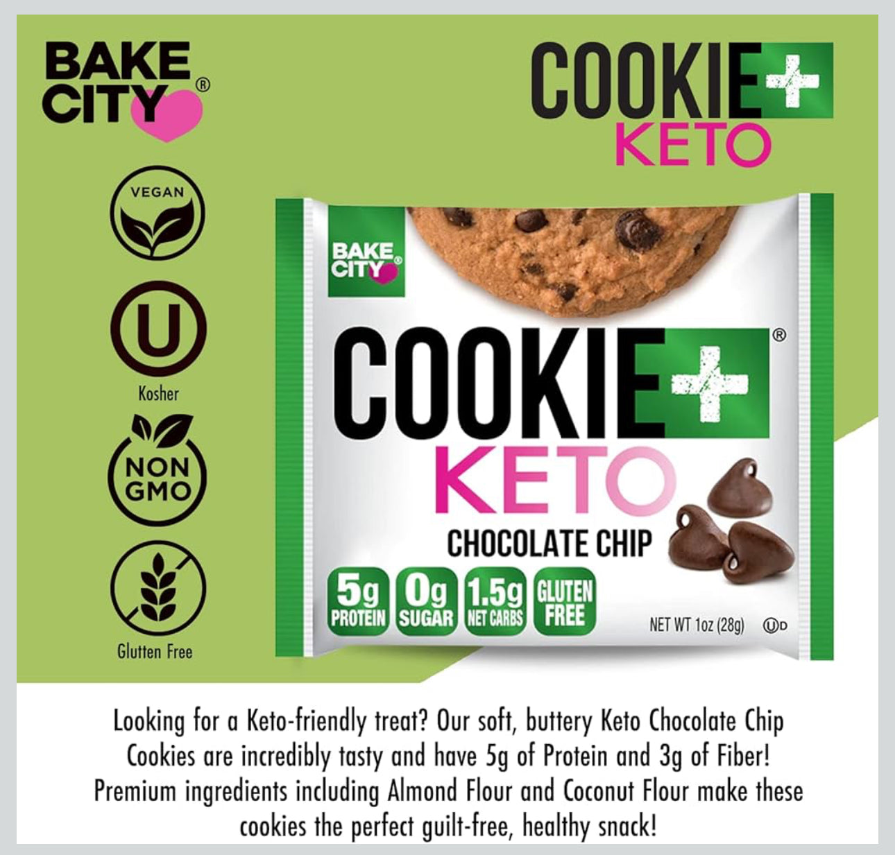 Bake City Cookie Plus Keto | Chocolate Chip Cookies - Gluten Free, Non-GMO, 0g Sugar, Only 1.5g Net Carbs, Good Fats, 5g Protein, Kosher, No Artificial Flavors - Pack of 12