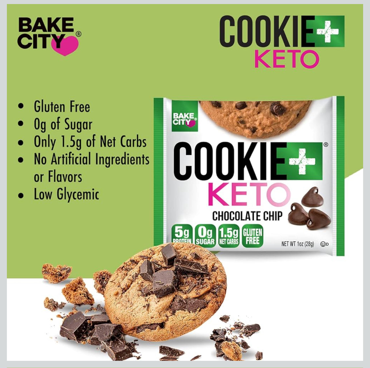 Bake City Cookie Plus Keto | Chocolate Chip Cookies - Gluten Free, Non-GMO, 0g Sugar, Only 1.5g Net Carbs, Good Fats, 5g Protein, Kosher, No Artificial Flavors - Pack of 12