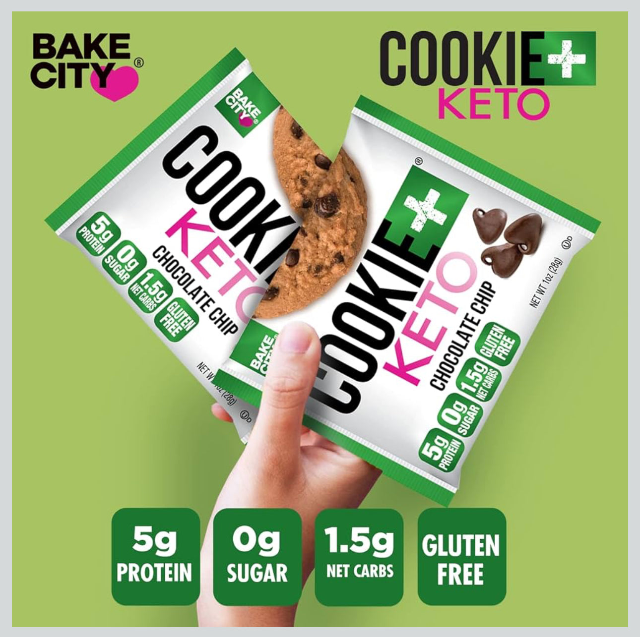 Bake City Cookie Plus Keto | Chocolate Chip Cookies - Gluten Free, Non-GMO, 0g Sugar, Only 1.5g Net Carbs, Good Fats, 5g Protein, Kosher, No Artificial Flavors - Pack of 12