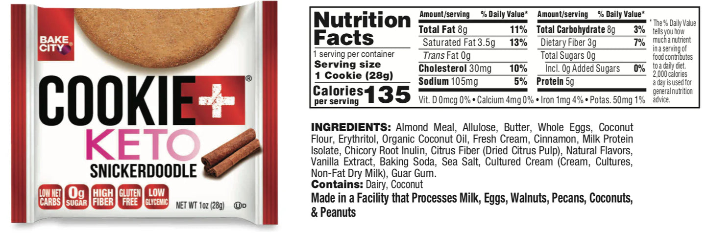 Bake City Cookie Plus Keto | Snickerdoodle Cookies - Gluten Free, Non-GMO, 0g Sugar, Only 1.5g Net Carbs, Good Fats, 5g Protein, Kosher, No Artificial Flavors - Pack of 12