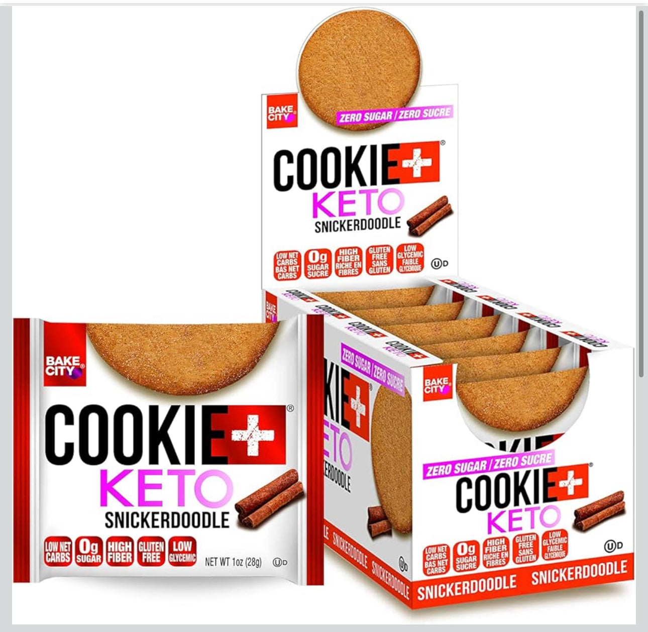 Bake City Cookie Plus Keto | Snickerdoodle Cookies - Gluten Free, Non-GMO, 0g Sugar, Only 1.5g Net Carbs, Good Fats, 5g Protein, Kosher, No Artificial Flavors - Pack of 12
