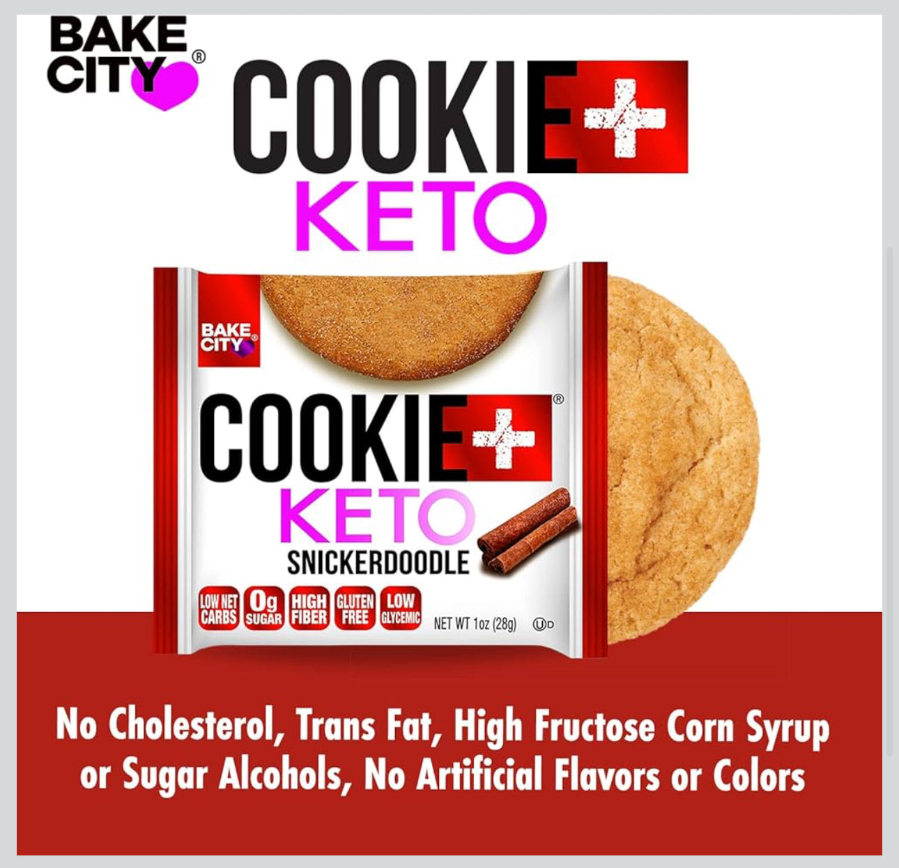 Bake City Cookie Plus Keto | Snickerdoodle Cookies - Gluten Free, Non-GMO, 0g Sugar, Only 1.5g Net Carbs, Good Fats, 5g Protein, Kosher, No Artificial Flavors - Pack of 12