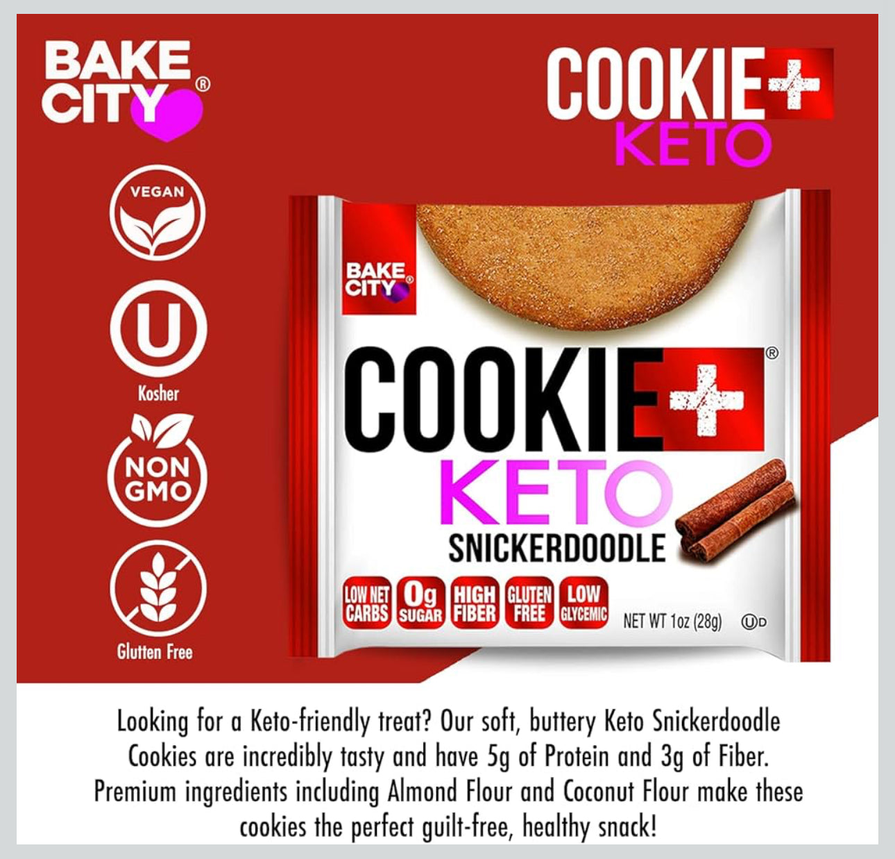 Bake City Cookie Plus Keto | Snickerdoodle Cookies - Gluten Free, Non-GMO, 0g Sugar, Only 1.5g Net Carbs, Good Fats, 5g Protein, Kosher, No Artificial Flavors - Pack of 12