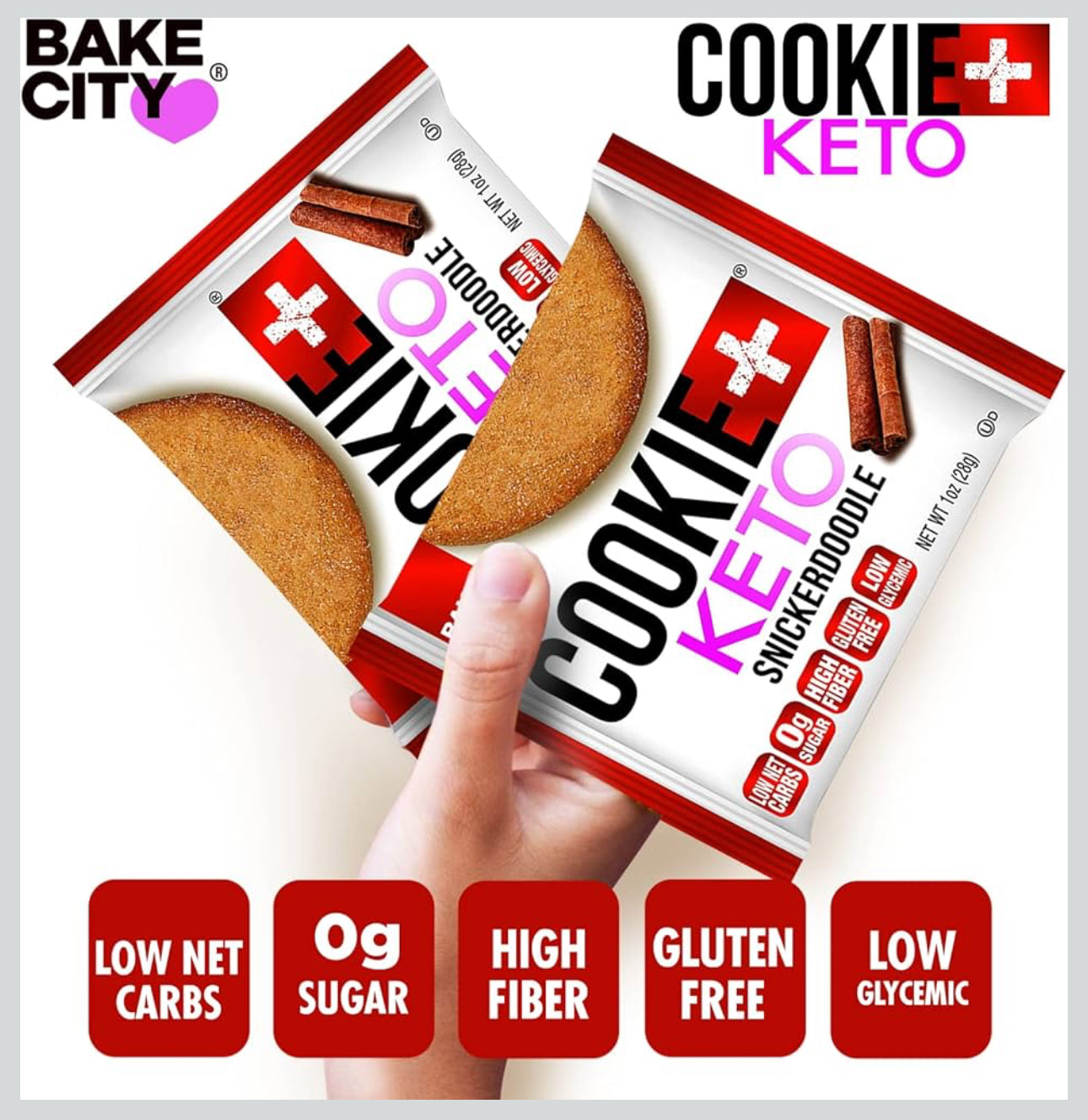 Bake City Cookie Plus Keto | Snickerdoodle Cookies - Gluten Free, Non-GMO, 0g Sugar, Only 1.5g Net Carbs, Good Fats, 5g Protein, Kosher, No Artificial Flavors - Pack of 12
