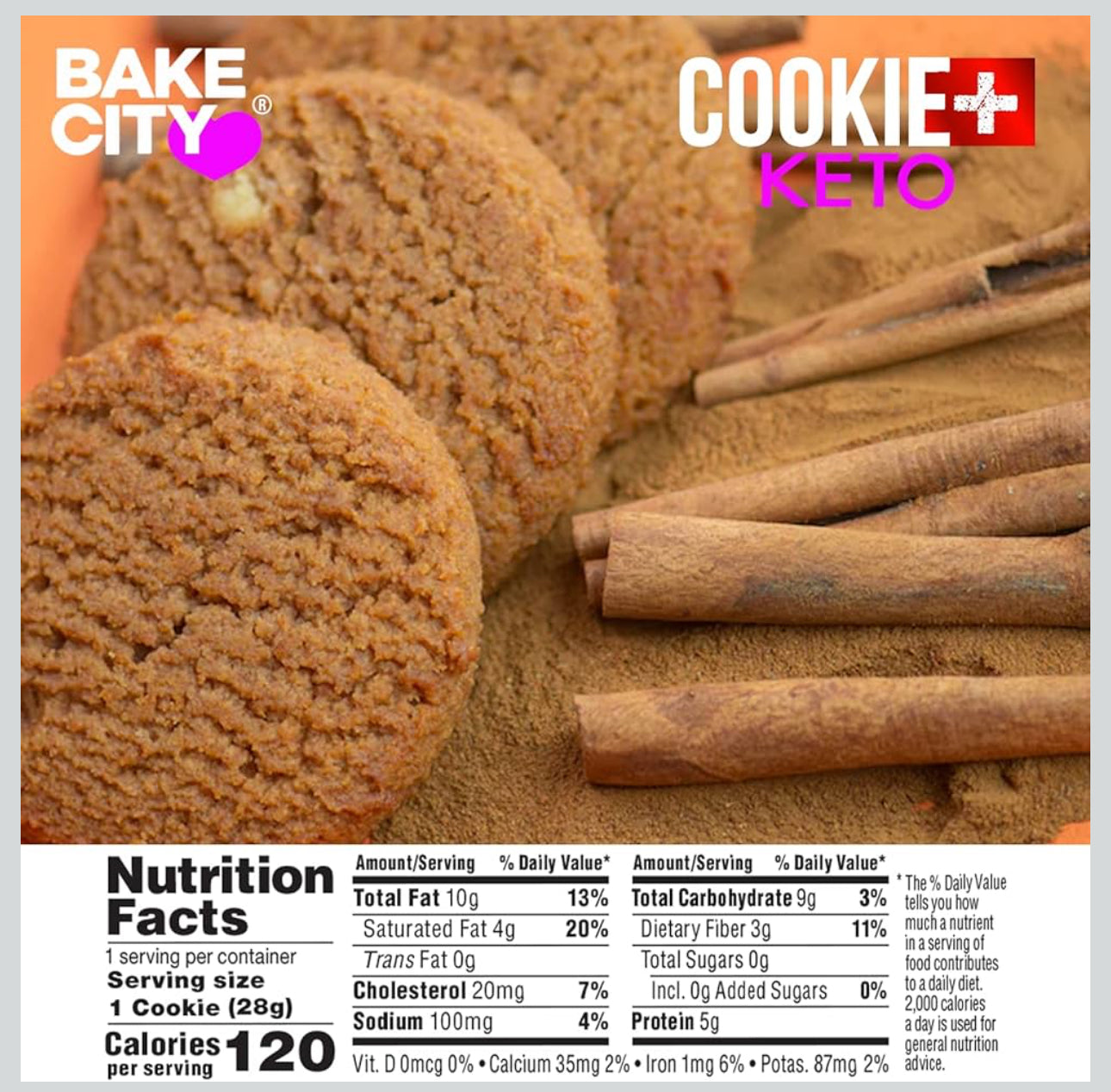 Bake City Cookie Plus Keto | Snickerdoodle Cookies - Gluten Free, Non-GMO, 0g Sugar, Only 1.5g Net Carbs, Good Fats, 5g Protein, Kosher, No Artificial Flavors - Pack of 12