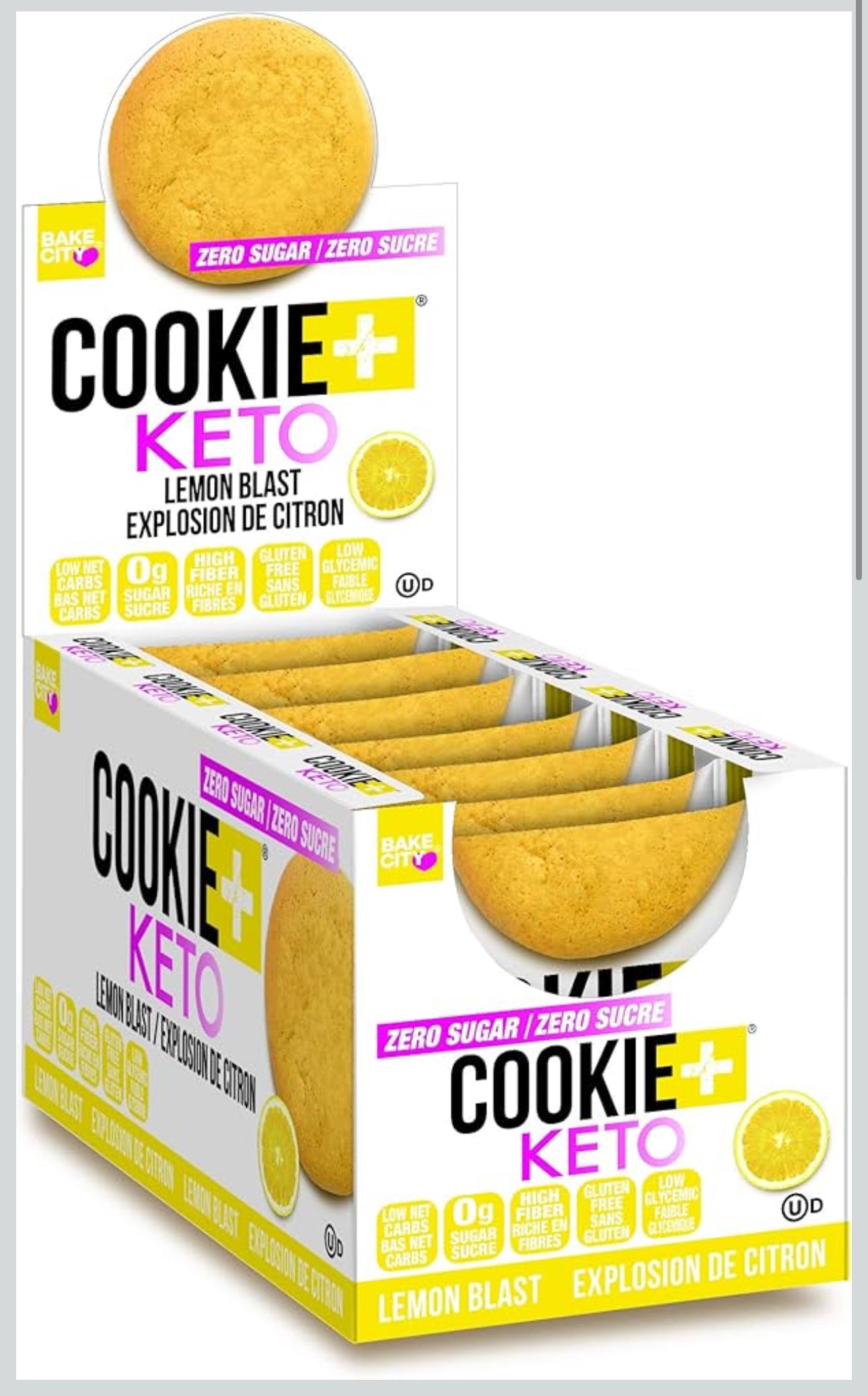 Bake City Cookie Plus Keto | Lemon Blast Cookies - Gluten Free, Non-GMO, 0g Sugar, Only 1.5g Net Carbs, Good Fats, 5g Protein, Kosher, No Artificial Flavors - Pack of 12