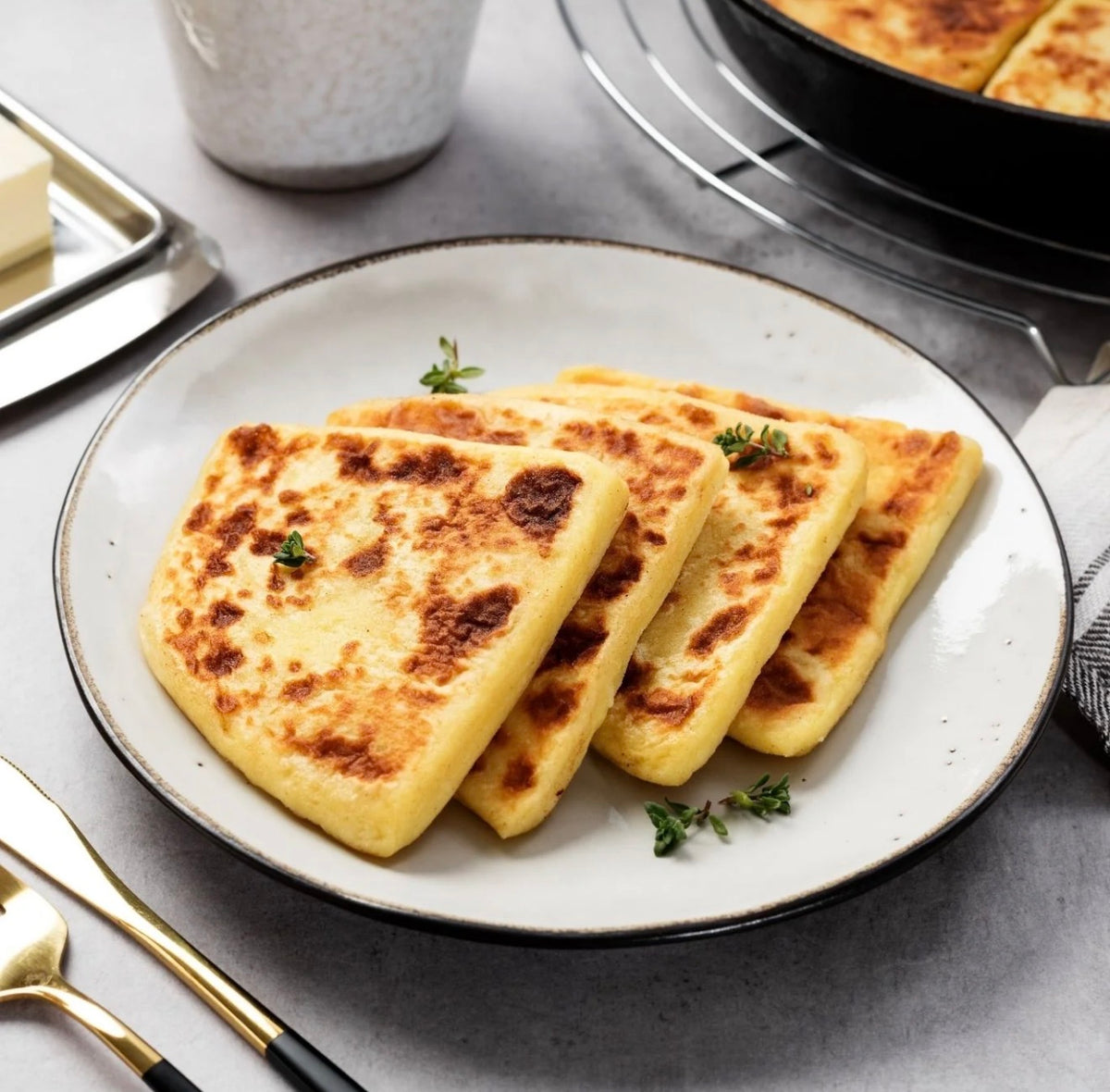Four Irish potato bread cakes slices with charred spots, garnished with small green herb sprigs, served on a white ceramic plate with a dark rim. The plate is set on a gray surface with gold and black cutlery in the foreground and a baking pan in the background.