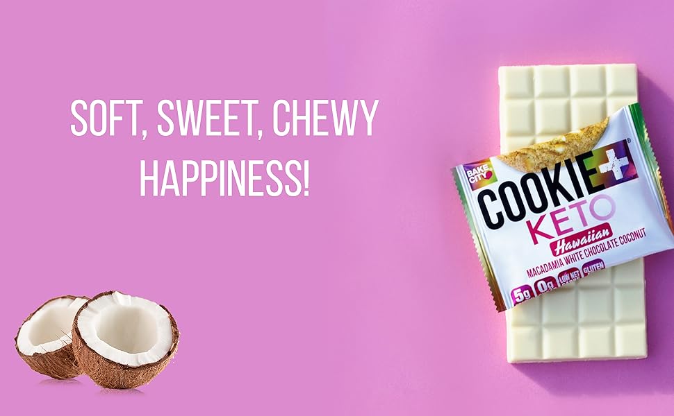 Bake City Cookie Plus Keto | Hawaiian Cookies - Gluten Free, Non-GMO, 0g Sugar, Only 1.5g Net Carbs, Good Fats, 5g Protein, Kosher, No Artificial Flavors - Pack of 12