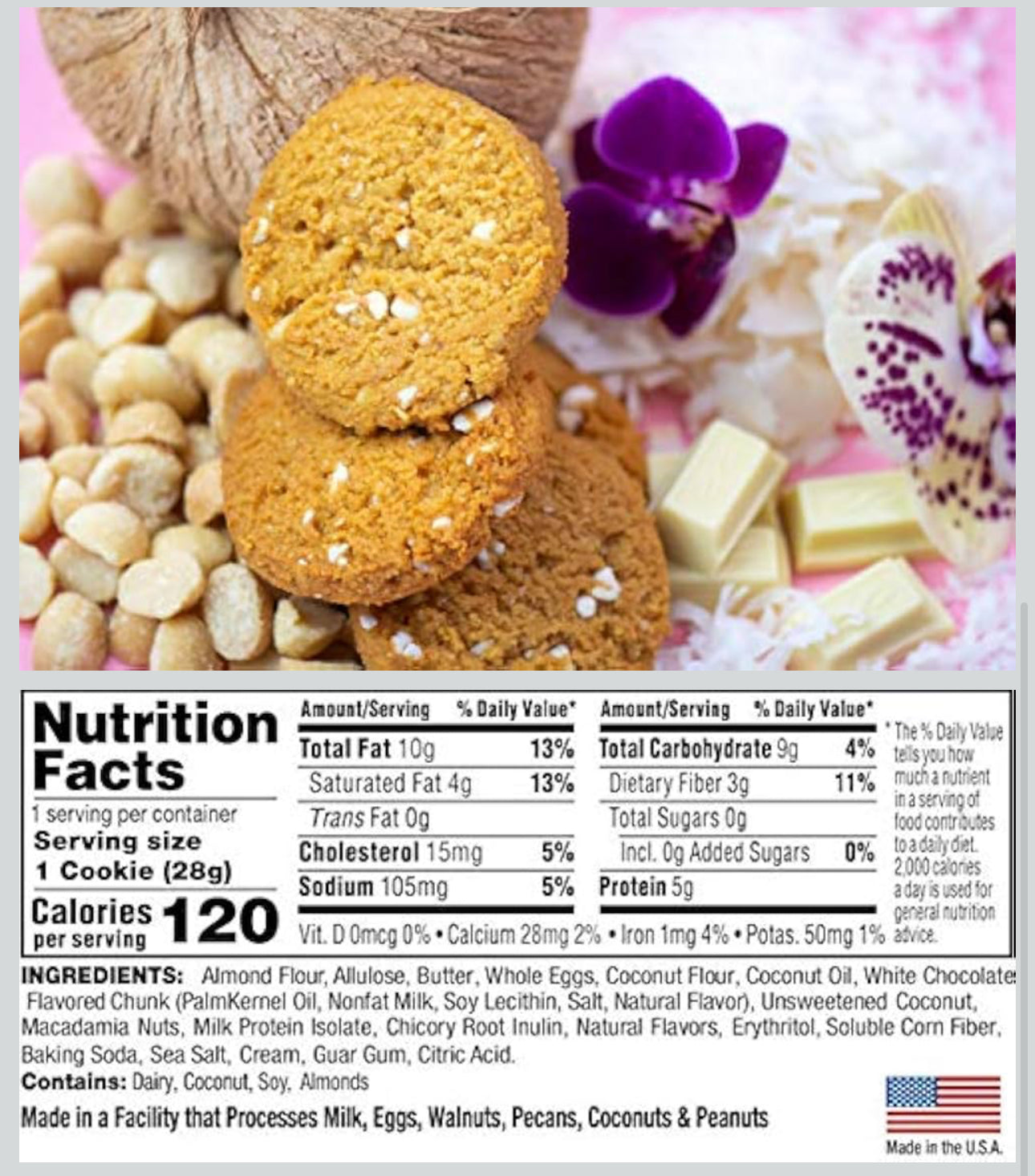 Bake City Cookie Plus Keto | Hawaiian Cookies - Gluten Free, Non-GMO, 0g Sugar, Only 1.5g Net Carbs, Good Fats, 5g Protein, Kosher, No Artificial Flavors - Pack of 12