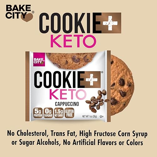 Bake City Cookie Plus Keto | Cappuccino Cookies - Gluten Free, Non-GMO, 0g Sugar, Only 1.5g Net Carbs, Good Fats, 5g Protein, Kosher, No Artificial Flavors - Pack of 12