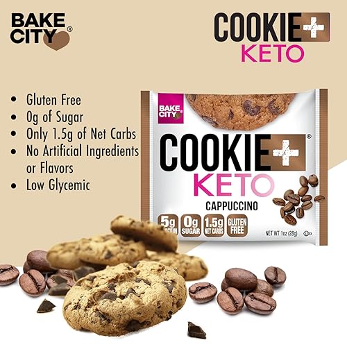 Bake City Cookie Plus Keto | Cappuccino Cookies - Gluten Free, Non-GMO, 0g Sugar, Only 1.5g Net Carbs, Good Fats, 5g Protein, Kosher, No Artificial Flavors - Pack of 12