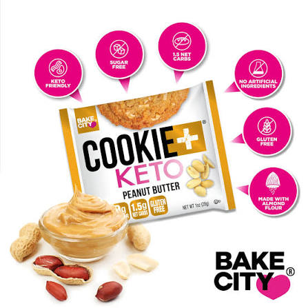 Bake City Cookie Plus Keto | Peanut Butter Cookies - Gluten Free, Non-GMO, 0g Sugar, Only 1.5g Net Carbs, Good Fats, 5g Protein, Kosher, No Artificial Flavors - Pack of 12