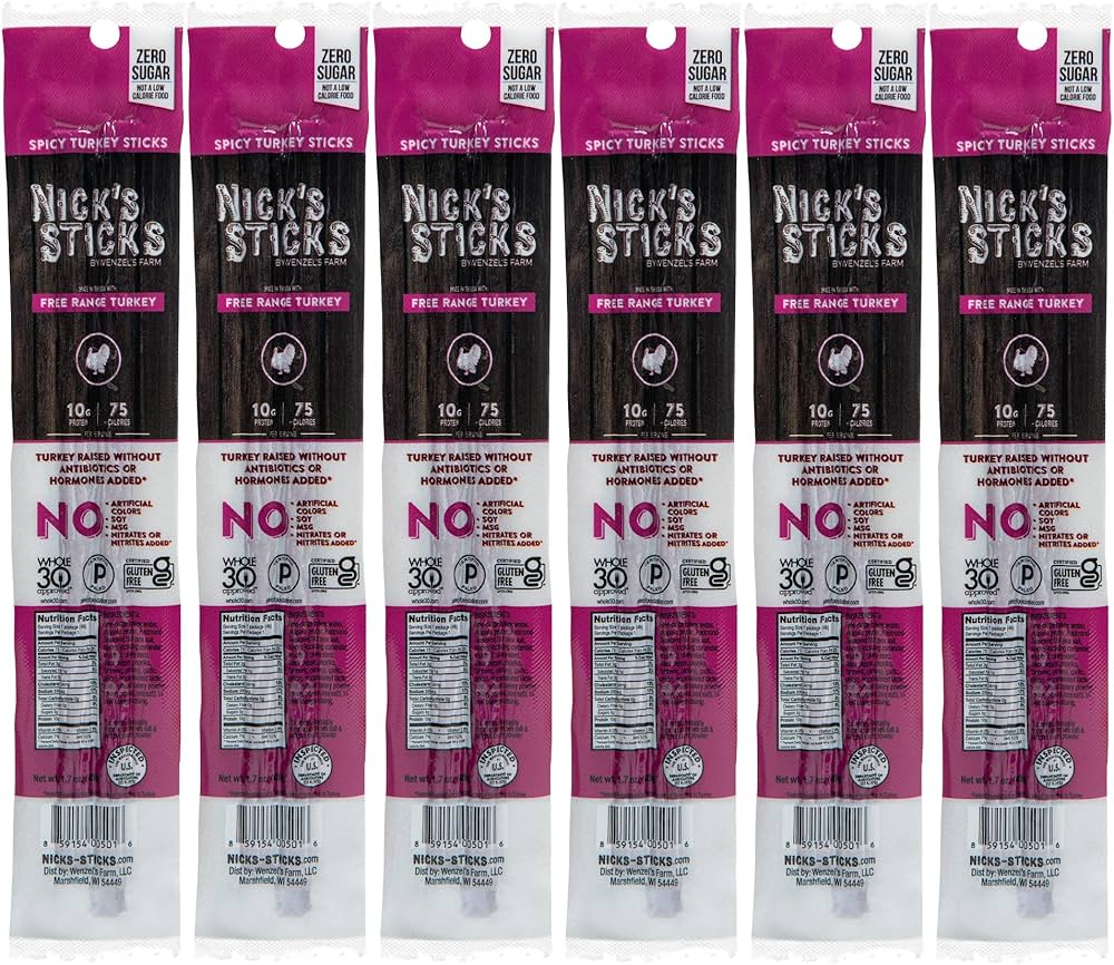 Nick's Sticks Clean & Balanced Spicy Free Range Turkey Snack Sticks - Gluten Free, Paleo, Keto – 1.7oz, 2 Sticks per package, Pack of 6