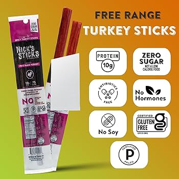 Nick's Sticks Clean & Balanced Spicy Free Range Turkey Snack Sticks - Gluten Free, Paleo, Keto – 1.7oz, 2 Sticks per package, Pack of 6