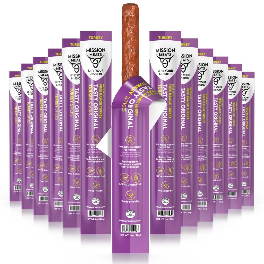 Mission Meats Turkey Sticks – 100% Free Range, Sugar & Gluten Free, Original 1oz - Pack of 24
