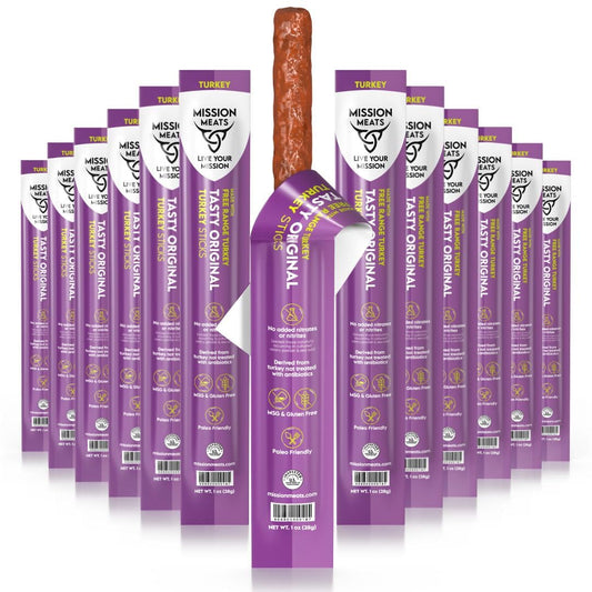 Mission Meats Turkey Sticks – 100% Free Range, Sugar & Gluten Free, Original 1oz - Pack of 12