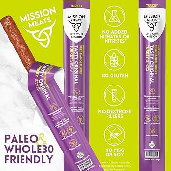 Mission Meats Turkey Sticks – 100% Free Range, Sugar & Gluten Free, Original 1oz - Pack of 24