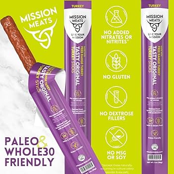 Mission Meats Turkey Sticks – 100% Free Range, Sugar & Gluten Free, Original 1oz - Pack of 12