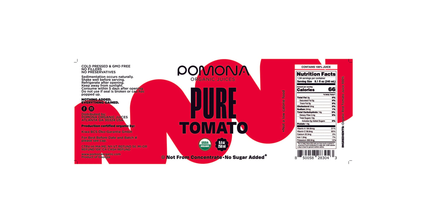Pomona Organic Pure Tomato Juice – 8.4 oz, Pack of 12