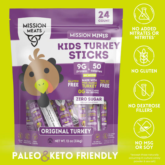 Mission Meats Kids Turkey Sticks – 100% Free Range, Healthy Snacks for Kids and Toddlers, Gluten & Nut Free, 0.5oz, 24 Count