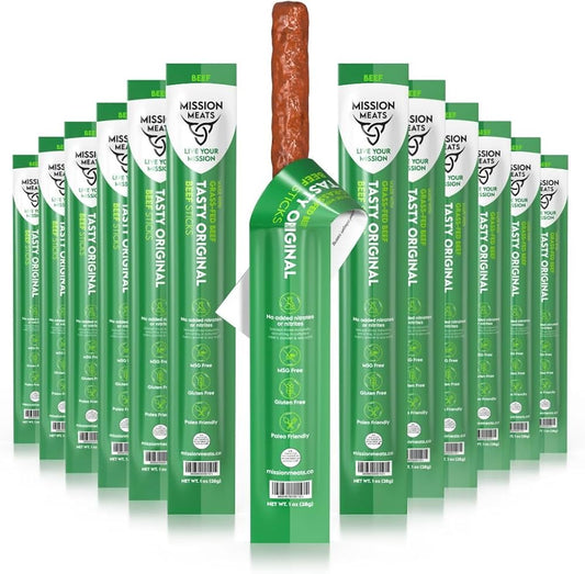 Mission Meats Beef Sticks – 100% Grass Fed and Pasture Raised, Sugar & Gluten Free, Original 1oz - Pack of 10
