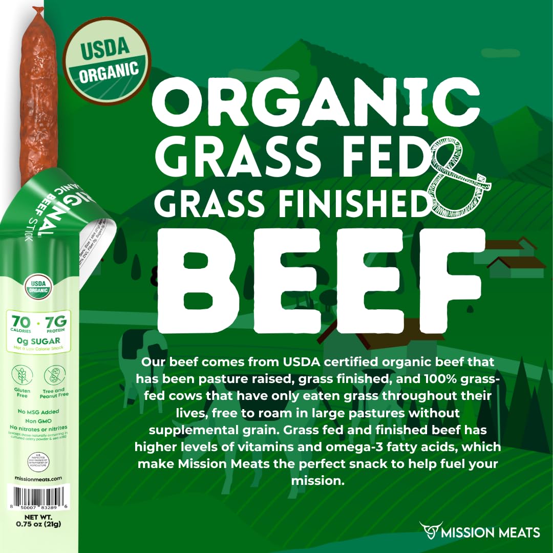 Mission Meats Beef Sticks – 100% Grass Fed and Pasture Raised, Sugar & Gluten Free, Original 1oz - Pack of 10