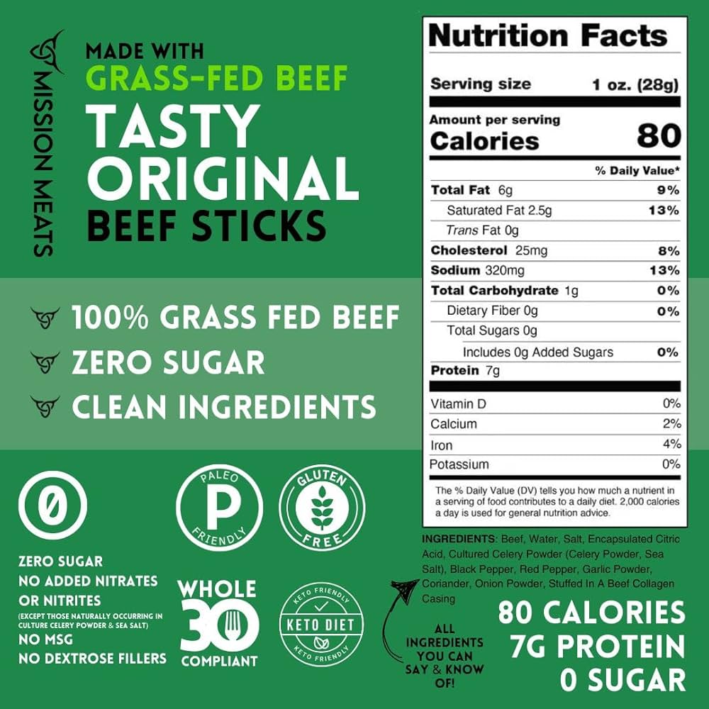 Mission Meats Beef Sticks – 100% Grass Fed and Pasture Raised, Sugar & Gluten Free, Original 1oz - Pack of 10