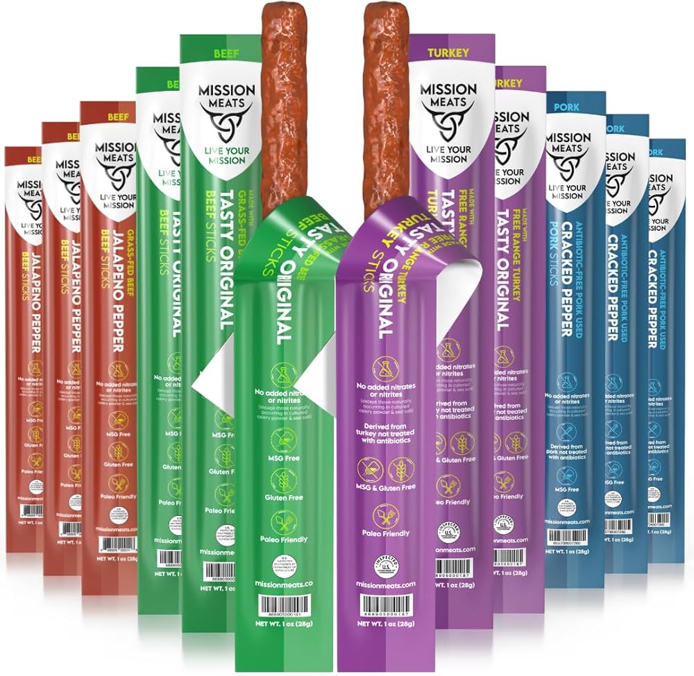 Mission Meats Meat Sticks – Variety Pack - Beef, Pork, Turkey - Clean Ingredients, Nitrate Nitrite Free, Gluten Free, MSG Free, Paleo - 1oz - Pack of 10