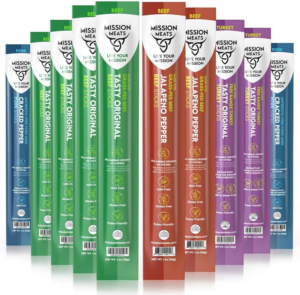 Mission Meats Meat Sticks – Variety Pack - Beef, Pork, Turkey - Clean Ingredients, Nitrate Nitrite Free, Gluten Free, MSG Free, Paleo - 1oz - Pack of 10