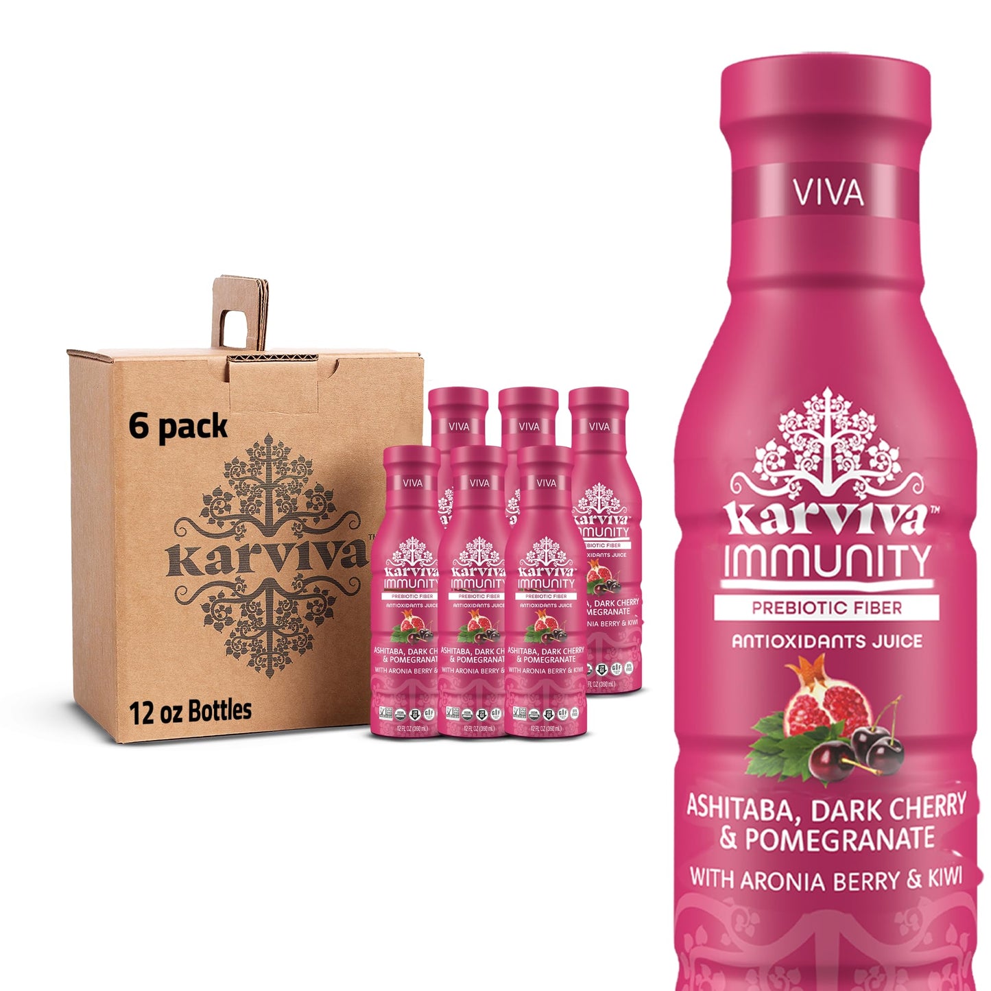 Karviva Organic Juice with Ashitaba, Pomegranate, and Dark Cherry, Vitamin K, Vitamin C, Essential Minerals, 12. oz - Pack of 6