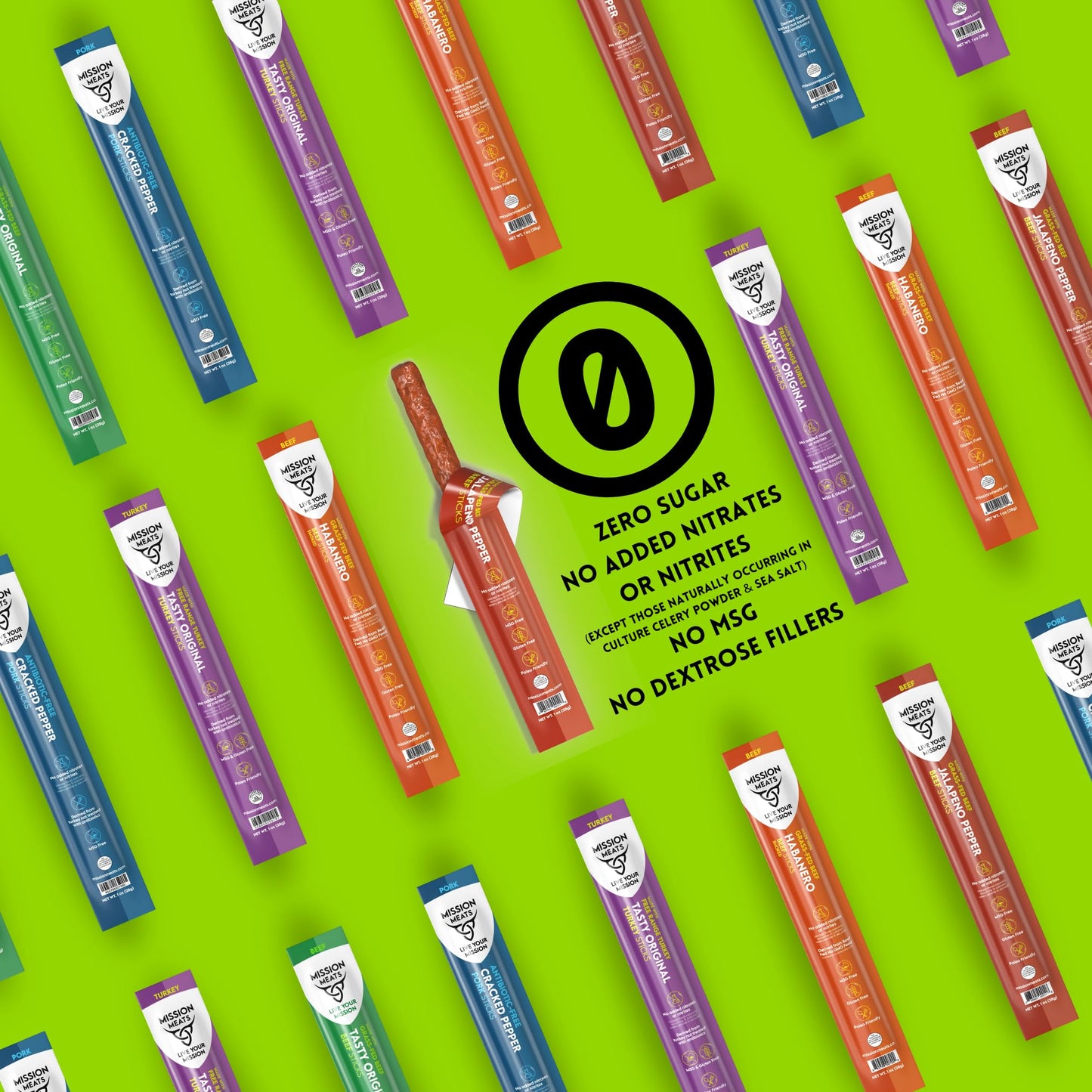 Mission Meats Meat Sticks – Variety Pack - Beef, Pork, Turkey - Clean Ingredients, Nitrate Nitrite Free, Gluten Free, MSG Free, Paleo - 1oz - Pack of 10