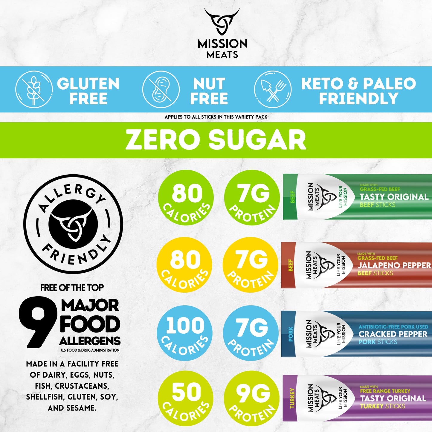 Mission Meats Meat Sticks – Variety Pack - Beef, Pork, Turkey - Clean Ingredients, Nitrate Nitrite Free, Gluten Free, MSG Free, Paleo - 1oz - Pack of 10