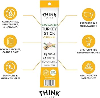 Think Jerky All-Natural Turkey Sticks, Gluten and Sugar Free, No Nitrates, Keto Paleo Friendly, 1.0 oz Sticks - Pack of 10
