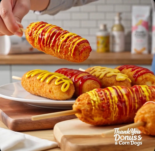 A close-up of a hand holding a corn dog topped with red ketchup and yellow mustard above a plate of several corn dogs on a wooden cutting board in a kitchen setting. A 'ThankYou Donuss & Corn Dogs' logo is visible in the bottom right corner.