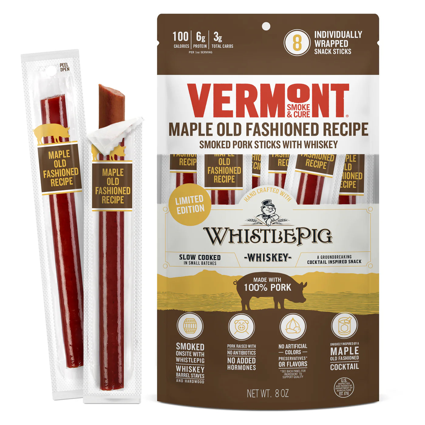 Maple Old Fashioned Recipe Smoked Pork Stick with Whiskey - Pack of 12