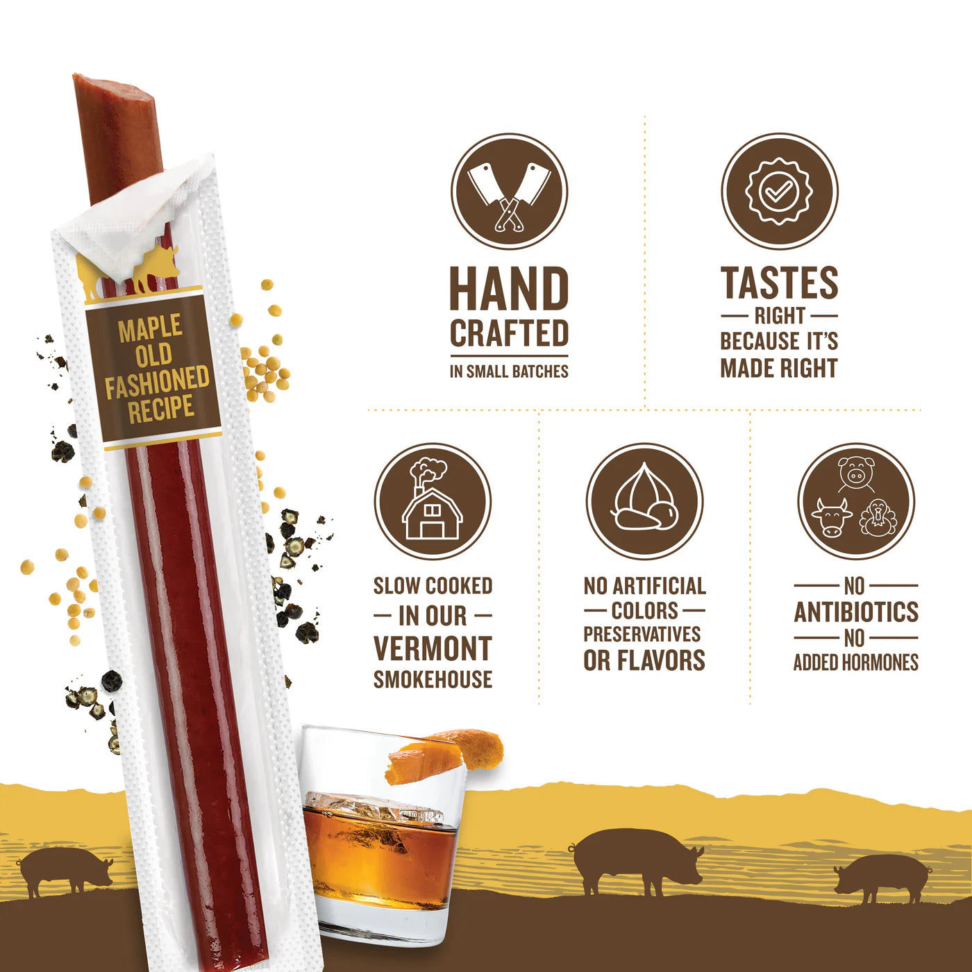 Maple Old Fashioned Recipe Smoked Pork Stick with Whiskey - Pack of 12