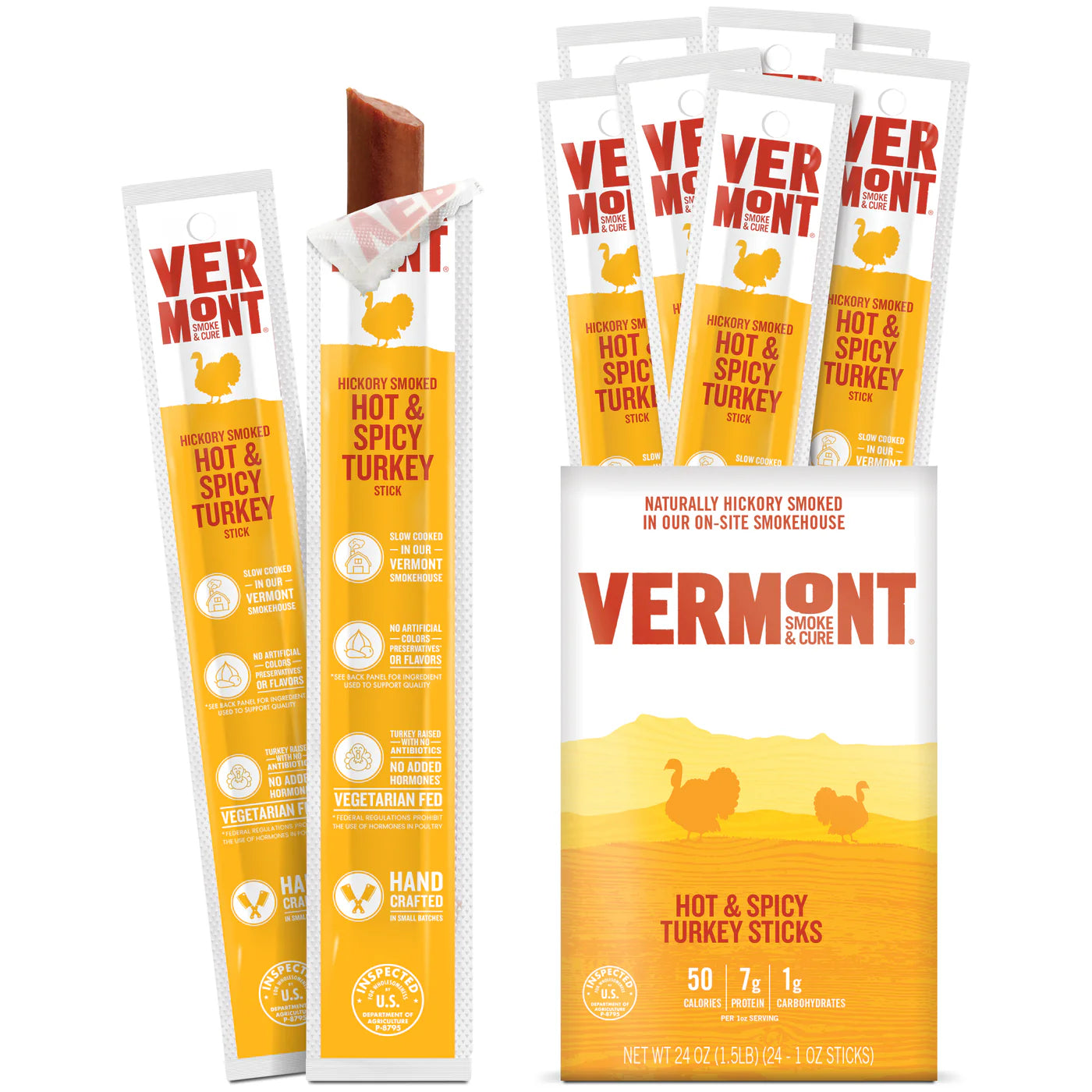 Vermont Smoke & Cure Hot & Spicy Turkey Sticks - Protein Snacks,  No Antibiotics or Added Hormones, Hiking Snacks - 1 oz, Pack of 24