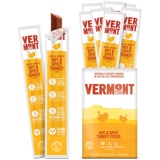 Vermont Smoke & Cure Hot & Spicy Turkey Sticks - Protein Snacks,  No Antibiotics or Added Hormones, Hiking Snacks - 1 oz, Pack of 24