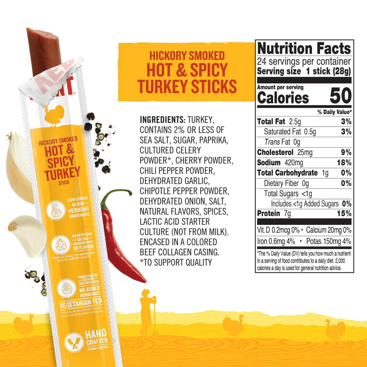 Vermont Smoke & Cure Hot & Spicy Turkey Sticks - Protein Snacks,  No Antibiotics or Added Hormones, Hiking Snacks - 1 oz, Pack of 24