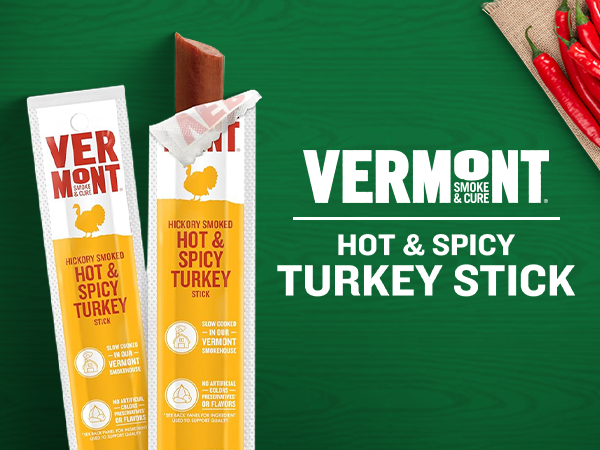 Vermont Smoke & Cure Hot & Spicy Turkey Sticks - Protein Snacks,  No Antibiotics or Added Hormones, Hiking Snacks - 1 oz, Pack of 24