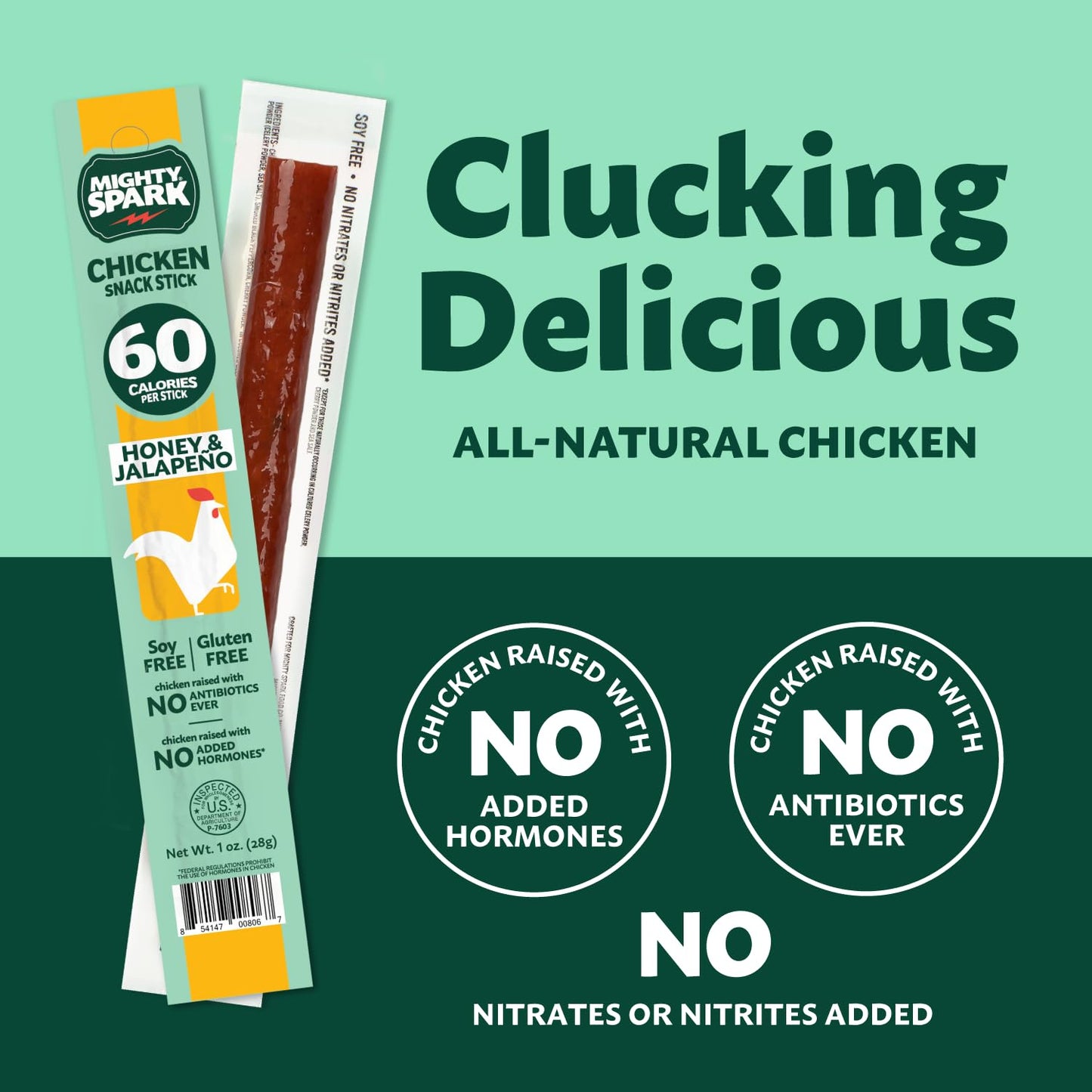 Mighty Spark Chicken Snack Sticks - Honey and Jalapeno - 6g of Protein, No Antibiotics Ever, No Hormones Added, Gluten Free - Pack of 12