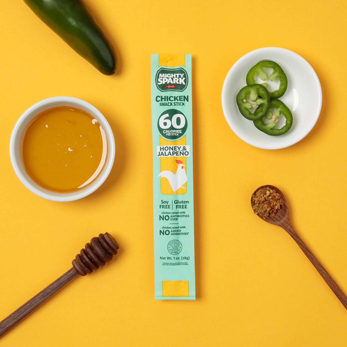 Mighty Spark Chicken Snack Sticks - Honey and Jalapeno - 6g of Protein, No Antibiotics Ever, No Hormones Added, Gluten Free - Pack of 12