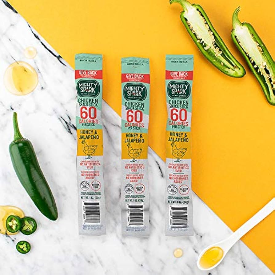 Mighty Spark Chicken Snack Sticks - Honey and Jalapeno - 6g of Protein, No Antibiotics Ever, No Hormones Added, Gluten Free - Pack of 12