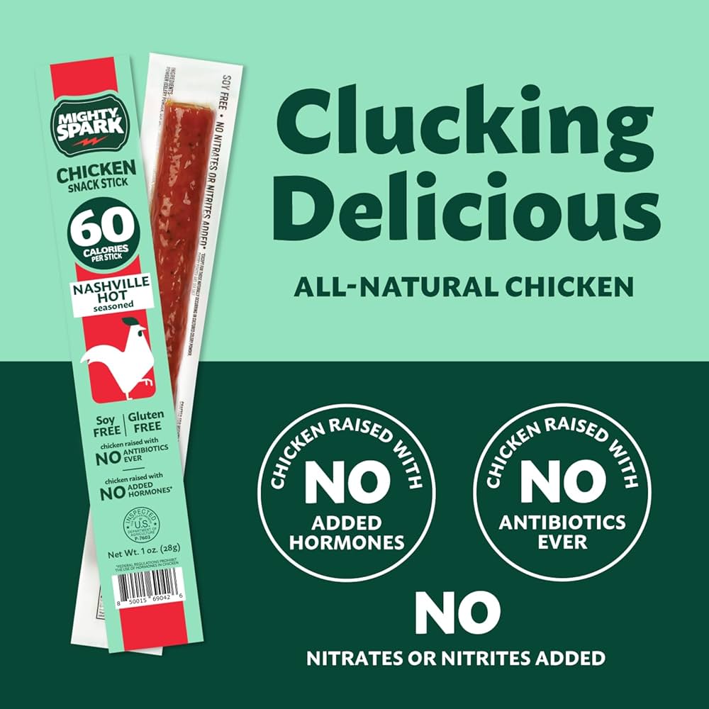Mighty Spark Chicken Snack Sticks - Nashville Hot - 6g of Protein, No Antibiotics Ever, No Hormones Added, Gluten Free - Pack of 48