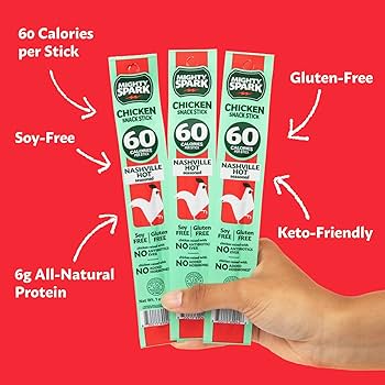 Mighty Spark Chicken Snack Sticks - Nashville Hot - 6g of Protein, No Antibiotics Ever, No Hormones Added, Gluten Free - Pack of 48