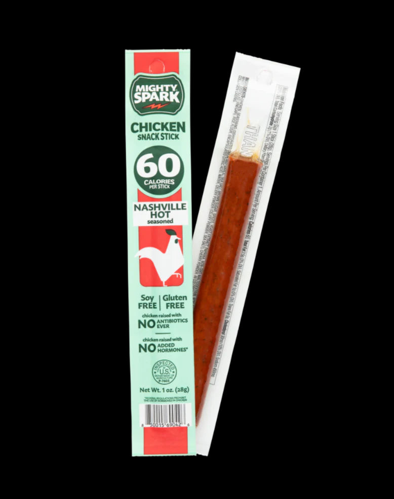 Mighty Spark Chicken Snack Sticks - Nashville Hot - 6g of Protein, No Antibiotics Ever, No Hormones Added, Gluten Free - Pack of 12