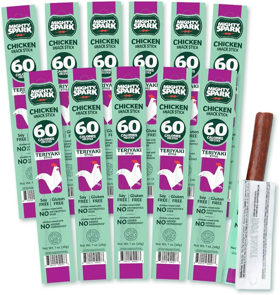 Mighty Spark Chicken Snack Sticks - Teriyaki - 6g of Protein, No Antibiotics Ever, No Hormones Added, Gluten Free - Pack of 12